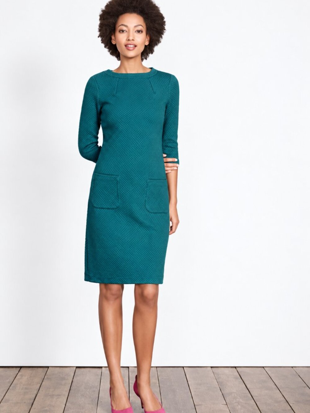 BODEN Agnes Green/Blue Honeycomb Jacquard Shift Dress Pockets Size 2